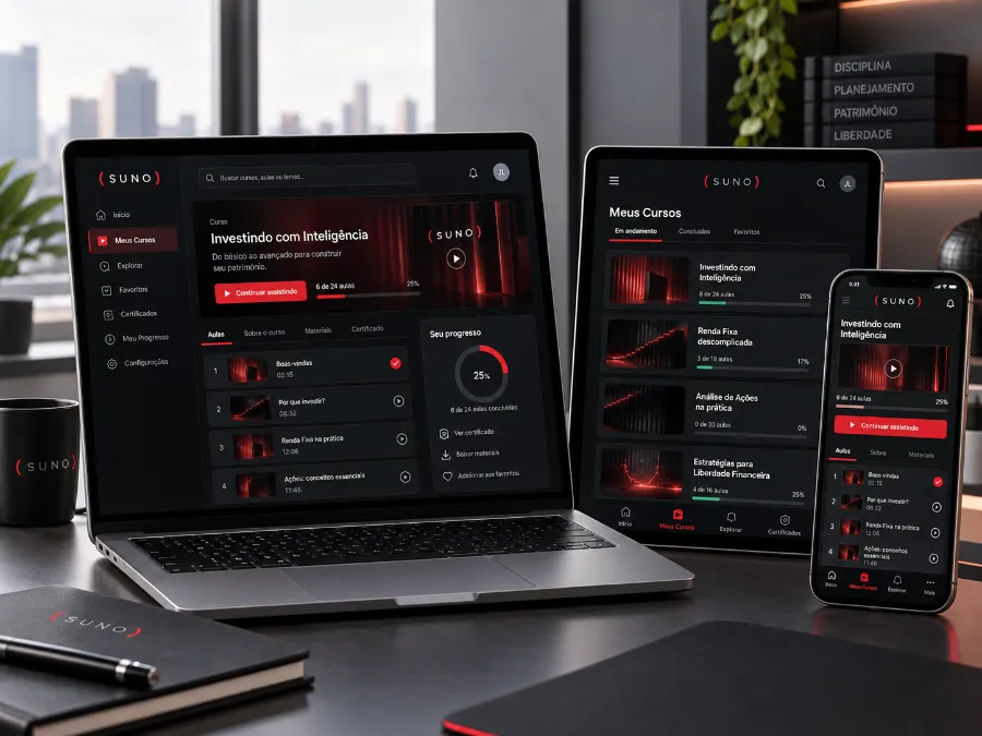 Plataforma Suno em notebook, tablet e celular