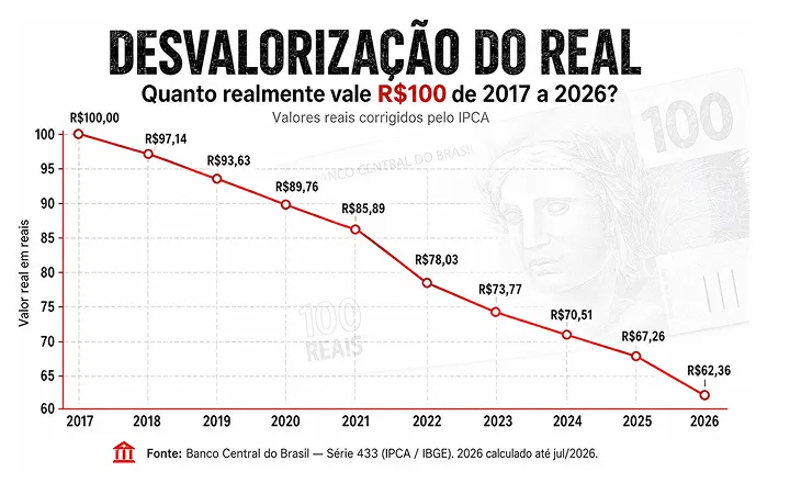 Gráfico da desvalorização do real: R$100 de 2017 valem R$62,36 em 2026, corrigidos pelo IPCA