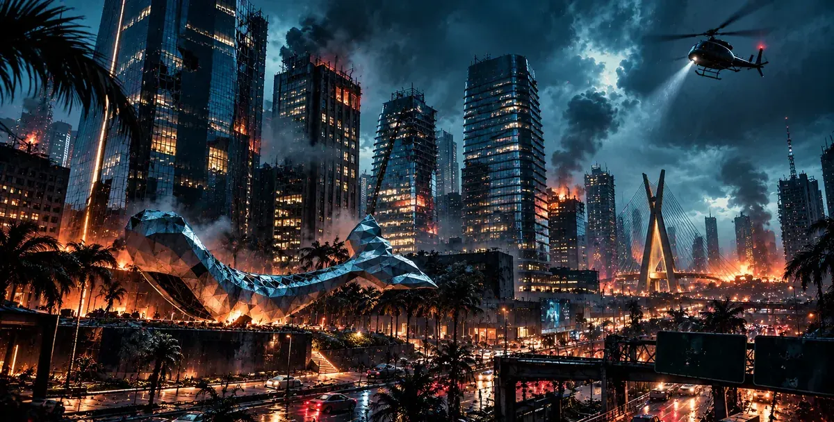 Ilustração de São Paulo em noite de tempestade, com a Ponte Estaiada e prédios da Faria Lima