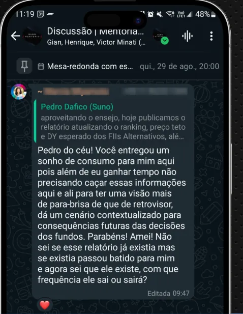 Mentorada agradece o analista Pedro Dafico pelo relatório de FIIs alternativos