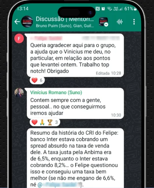 Mentorado agradece ajuda do grupo e analista explica como outro mentorado renegociou taxa de CRI