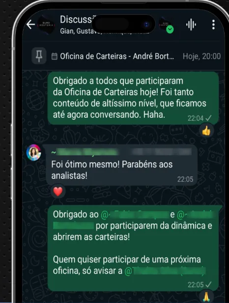 Agradecimento após Oficina de Carteiras com analistas abrindo carteiras de mentorados