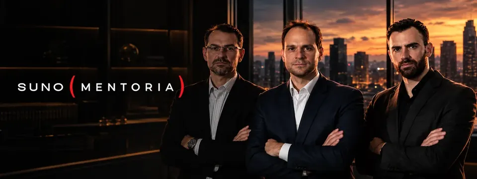 Banner Suno Mentoria com três analistas de braços cruzados