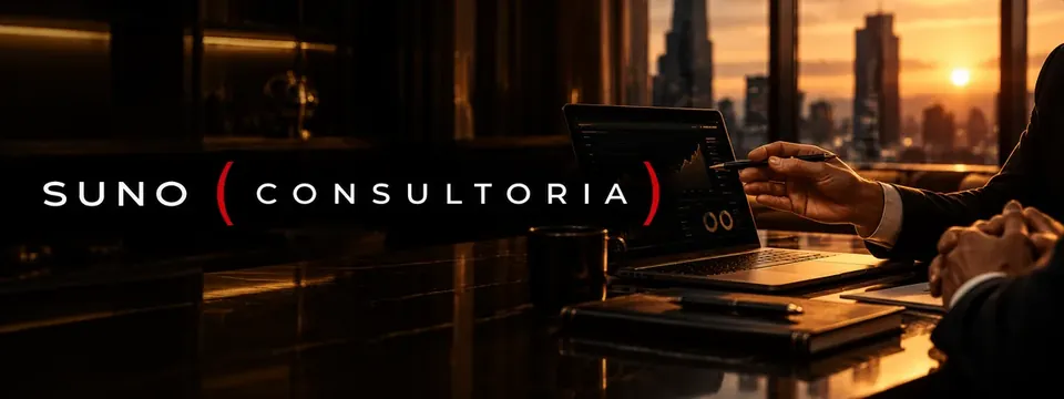 Banner Suno Consultoria com notebook mostrando gráfico de investimentos
